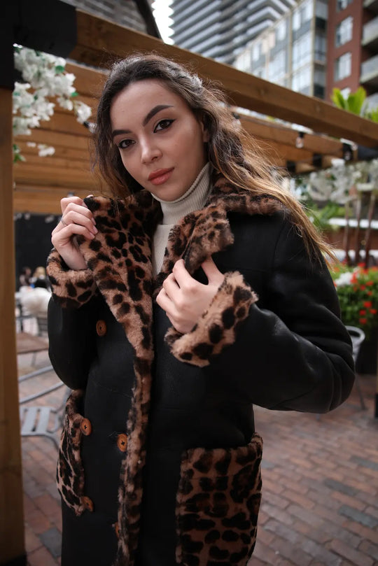 Seraphina Leopard print double breasted shearling Leather Coat