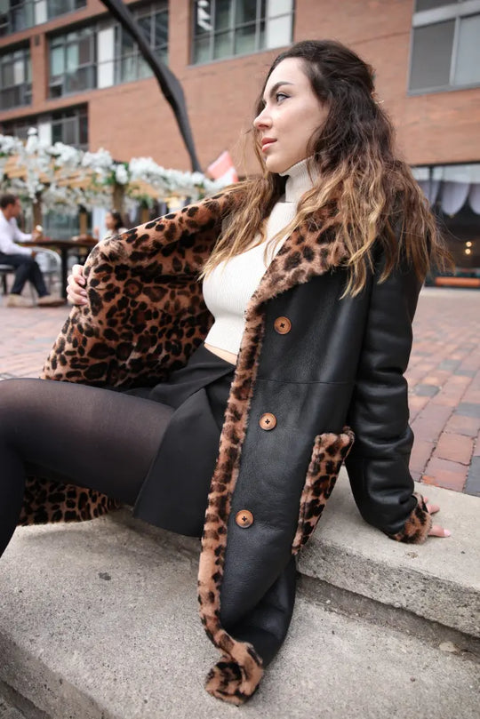 Seraphina Leopard print double breasted shearling Leather Coat