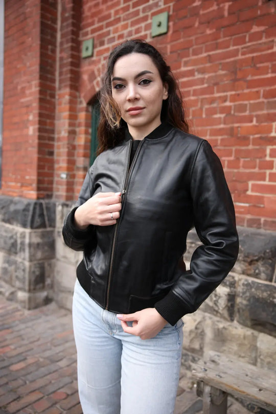 Navea Women's Black Bomber Leather Jacket