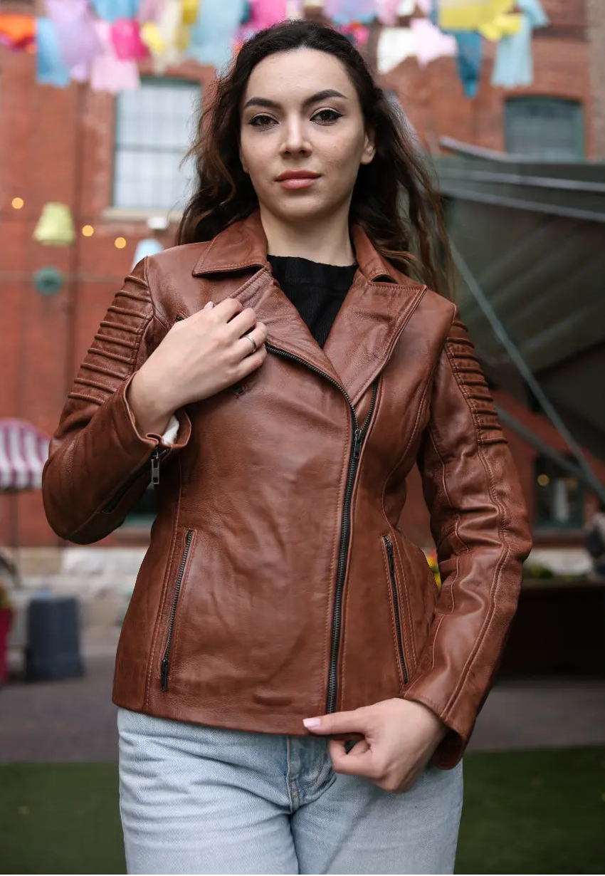 Women's distressed biker leather jacket with piping