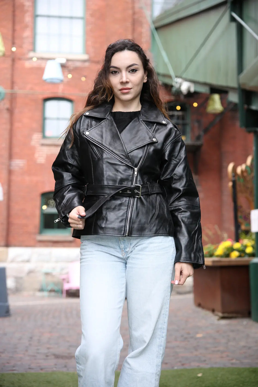 Zelora black oversized biker style jacket