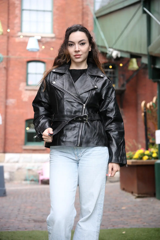 Zelora black oversized biker style jacket