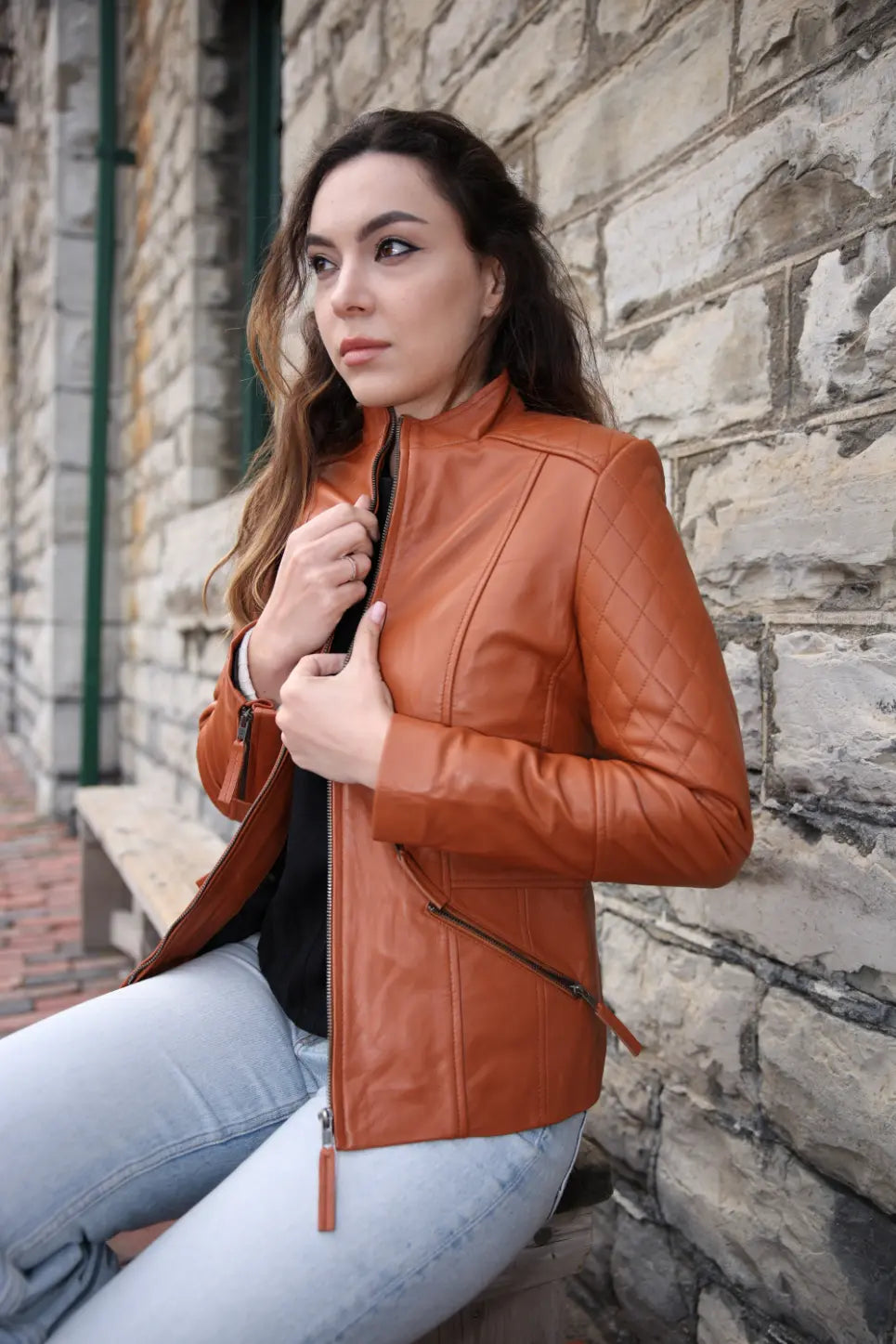 Women's stylish English Tan leather jacket with quilted patches
