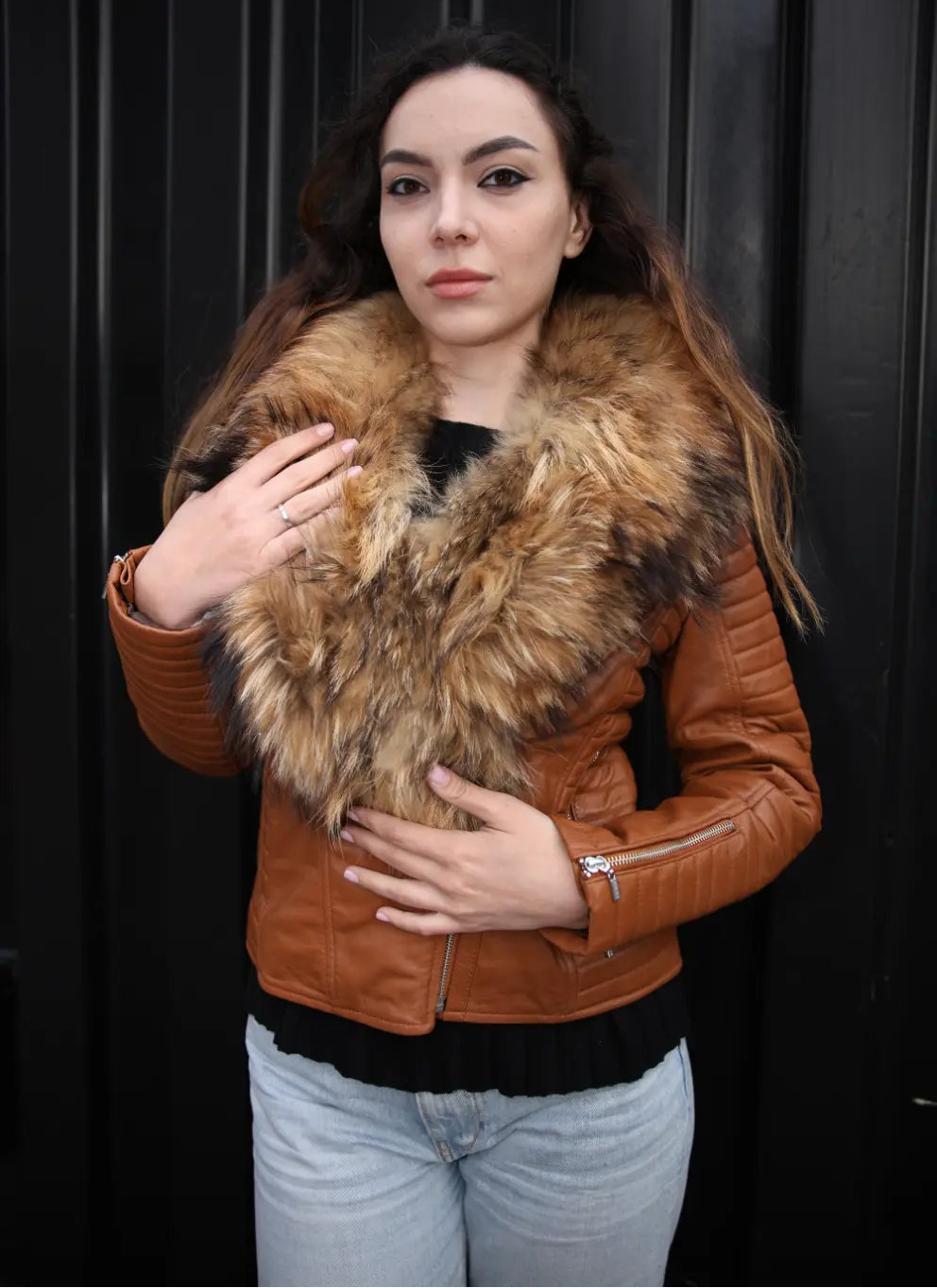 Women's Large Fur Shawl leather jacket with ribbed sleeve detailing
