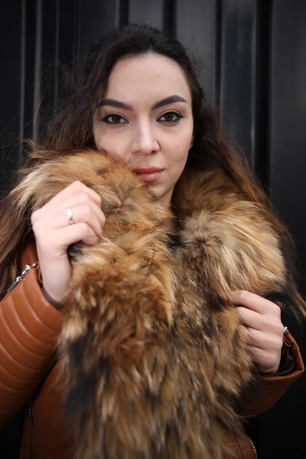 Women's Large Fur Shawl leather jacket with ribbed sleeve detailing