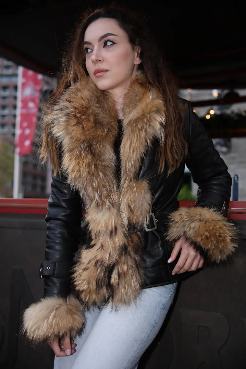 Jami black winter jacket with real fur trim