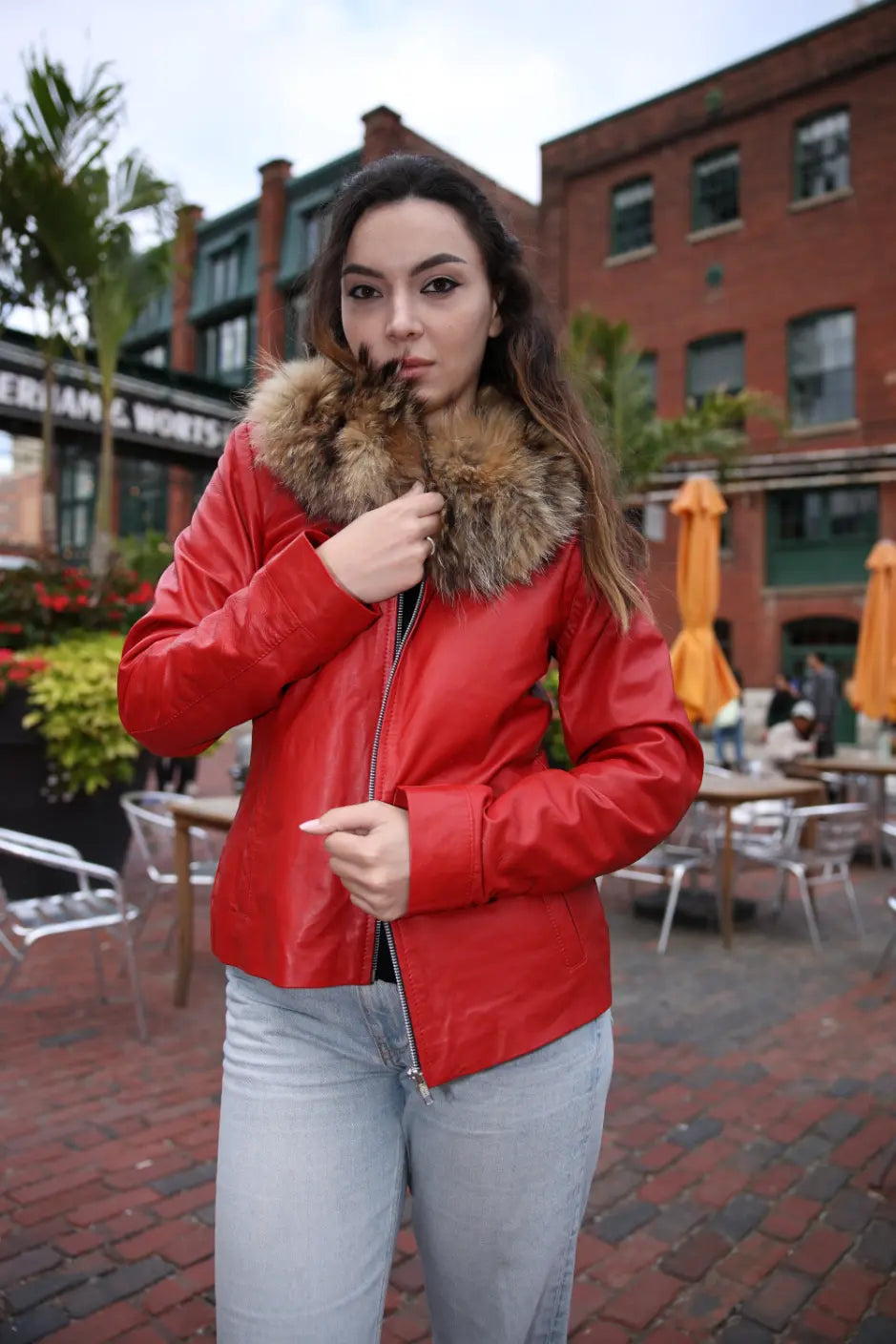 Palmyra Rose Red Leather Jacket With Fur Collar