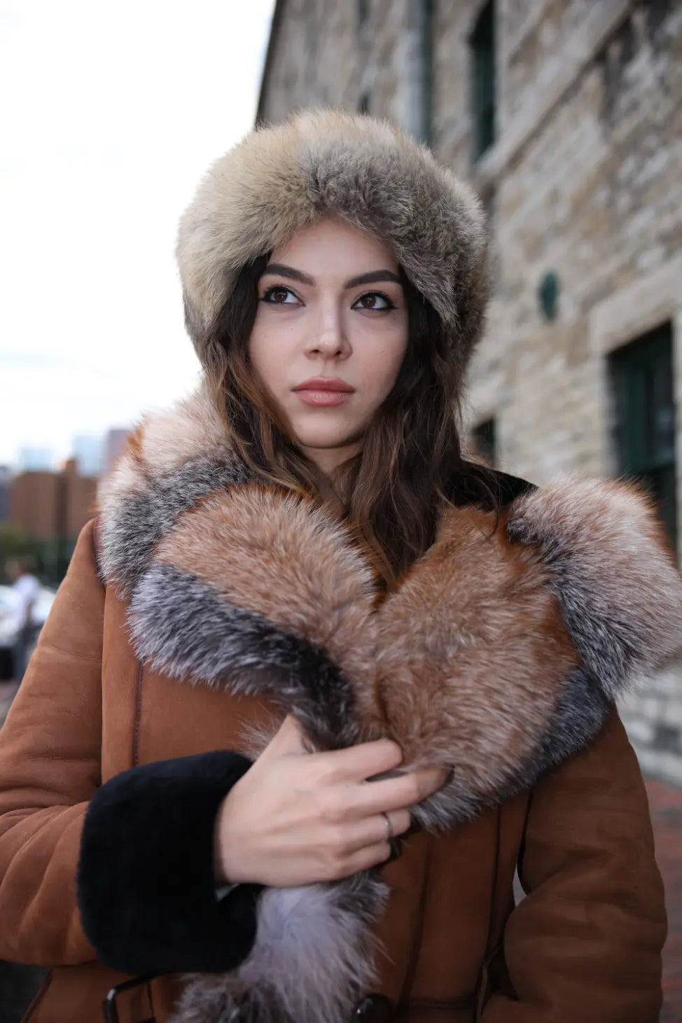 Fox fur and leather Aviator hat