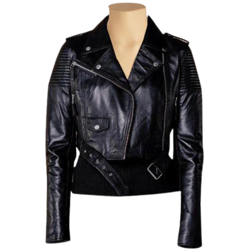 Front view of the Martyna black cropped biker leather jacket for women, featuring wide notched lapels, silver zippers, and an adjustable waist belt with a metal buckle.