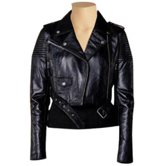 Front view of the Martyna black cropped biker leather jacket for women, featuring wide notched lapels, silver zippers, and an adjustable waist belt with a metal buckle.