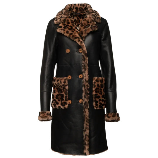 Full-length front view of the Seraphina oversized leather coat featuring a bold leopard print pattern and notched lapels.