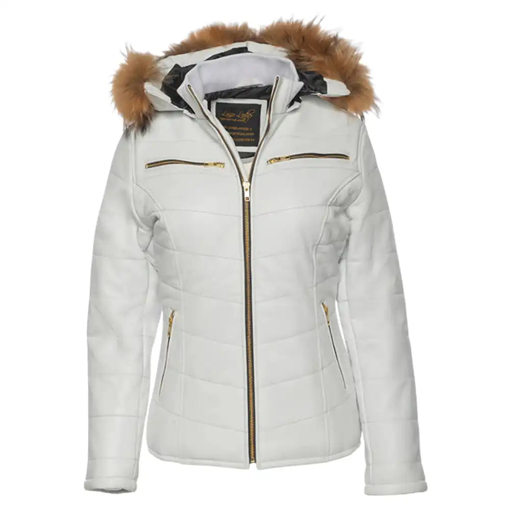 Front view of the Snowy White leather puffer jacket featuring a golden metallic iridescent finish and horizontal quilted baffles.