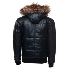Back view of the Traynor puffer jacket showing the insulated quilted panels and the wide, luxurious fur trim on the hood.