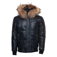 Close-up of the Traynor jacket’s hood, highlighting the soft, voluminous fur trim and the smooth leather texture of the crown.