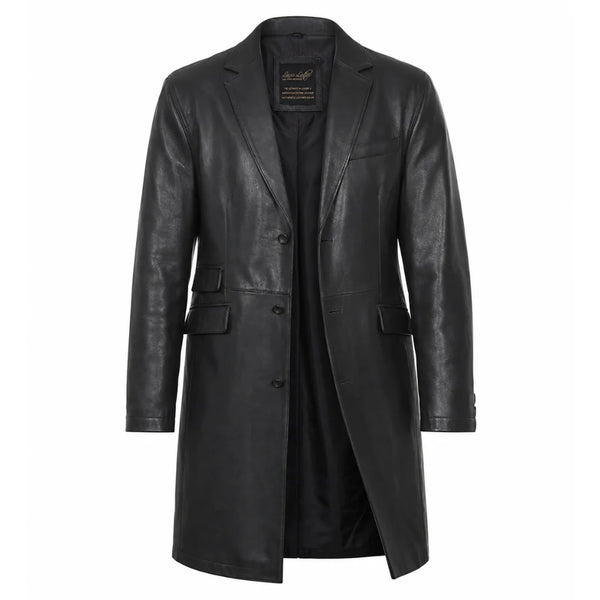Black leather 3/4 length trench coat