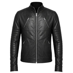 Men's leather jacket with straight zip up collar