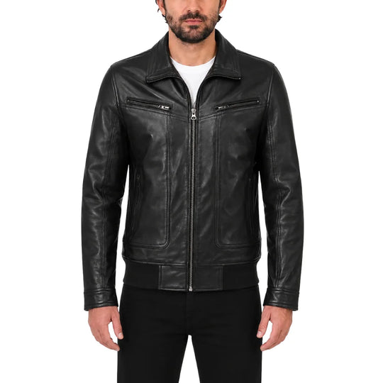 Black Leather Jacket with Collar