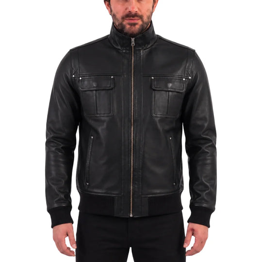 Black Leather Jacket with Straight Ribbed Collar