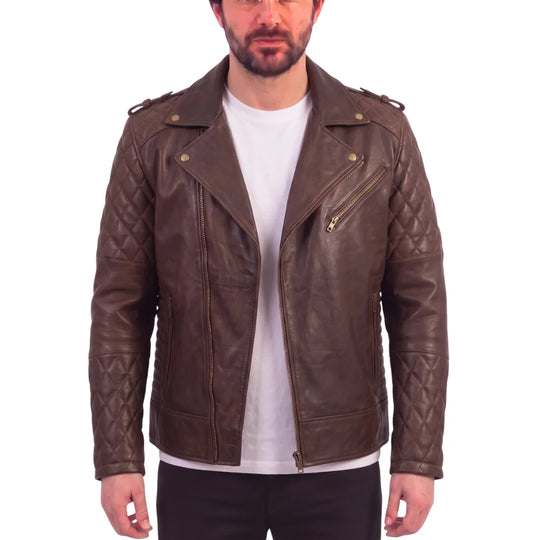 Diamond Stitched Brown Quilted Leather Biker Jacket