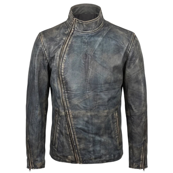 Kwame's vintage style leather jacket with straight collar