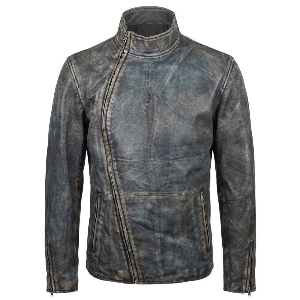Kwame's vintage style leather jacket with straight collar
