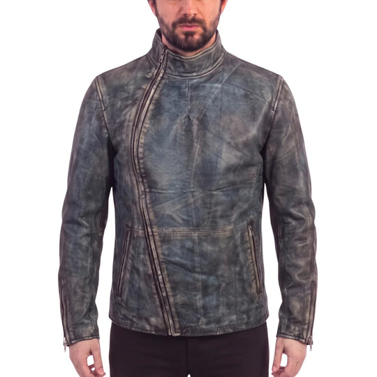 Kwame's vintage style leather jacket with straight collar