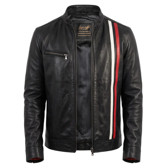 Plain Black Moto Style Jacket with Stripes