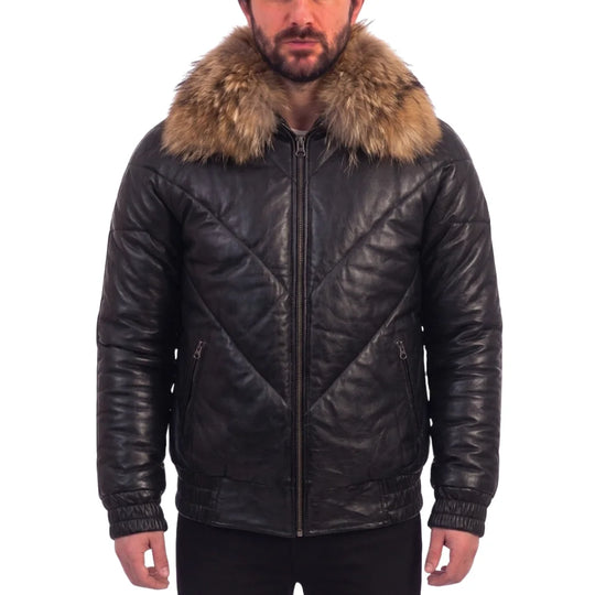 Black V-Bomber Leather Puffer Jacket with Fur Collar