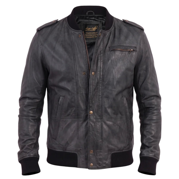 Black Bomber Leather Jacket with Button Closure