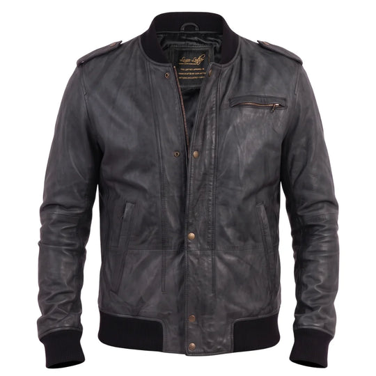 Black Bomber Leather Jacket with Button Closure