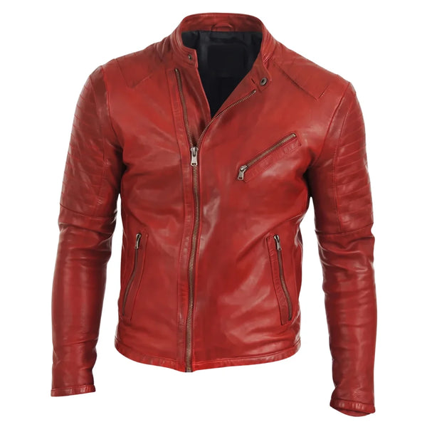 Red moto style jacket with stitching pattern