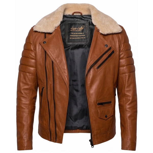 Woodwards English Tan Biker Jacket with Fur collar