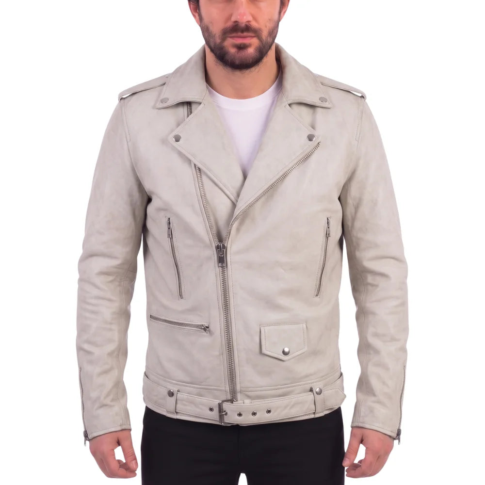Holman's Cream Belted Leather Biker Jacket