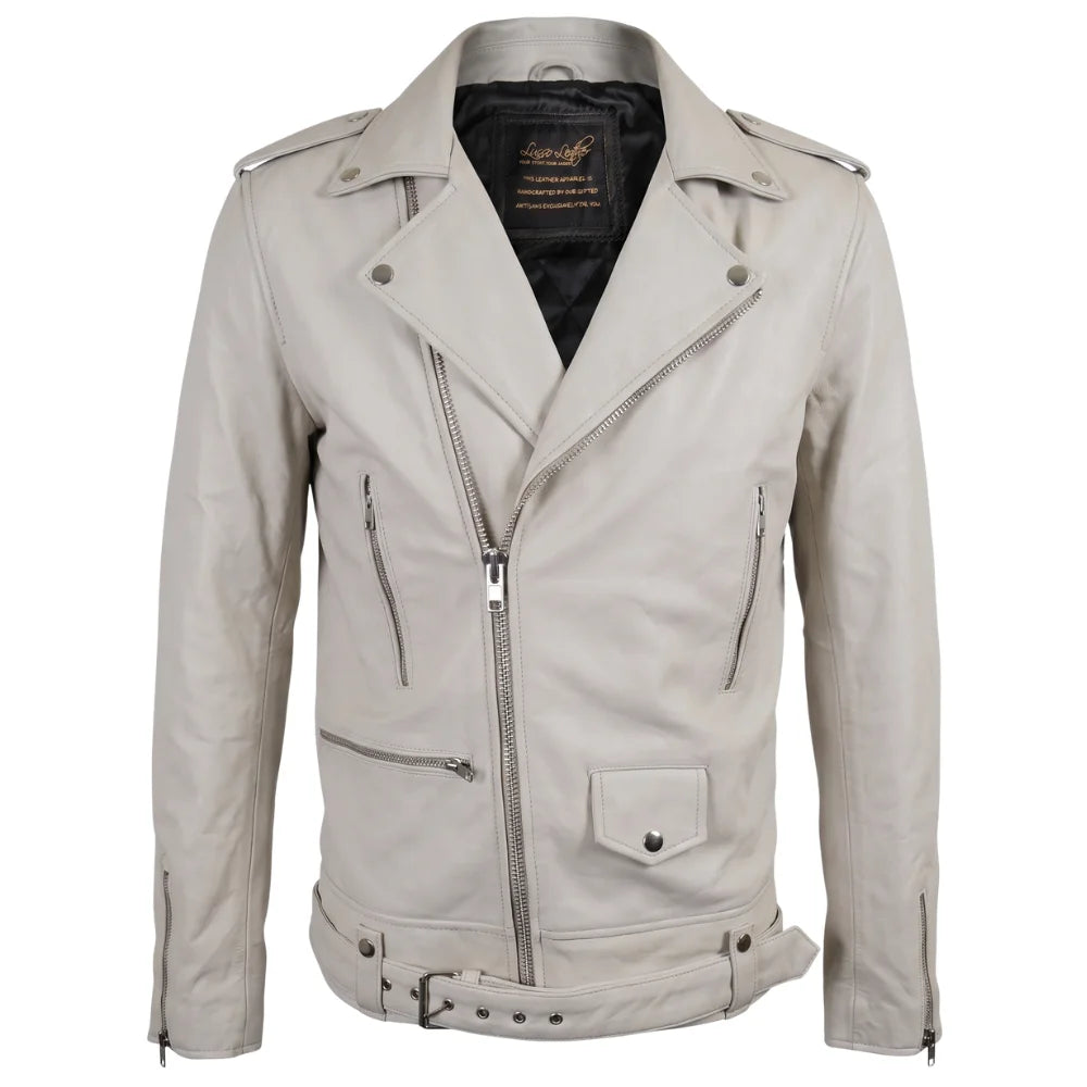 Holman's Cream Belted Leather Biker Jacket