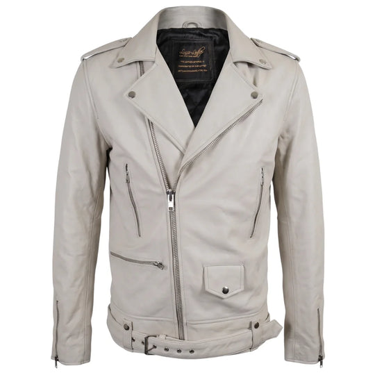 Holman's Cream Belted Leather Biker Jacket