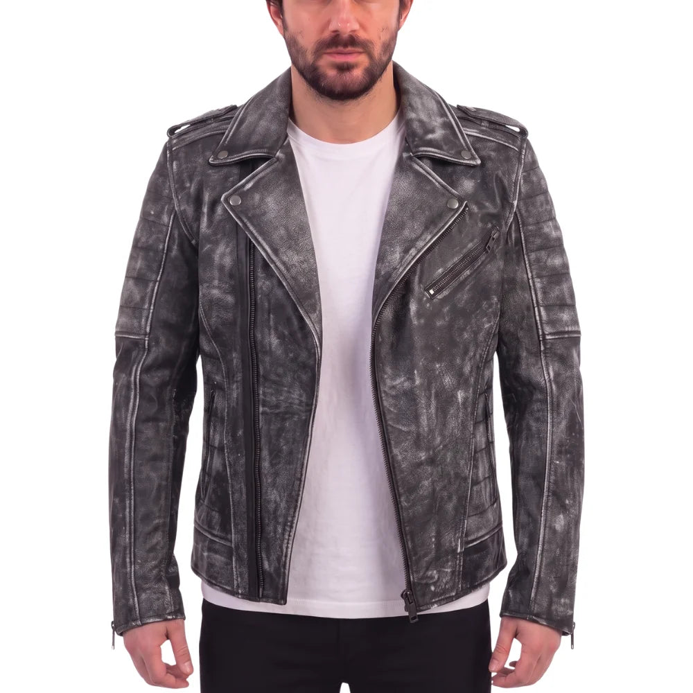 Miles Stone Wash Leather Biker Jacket