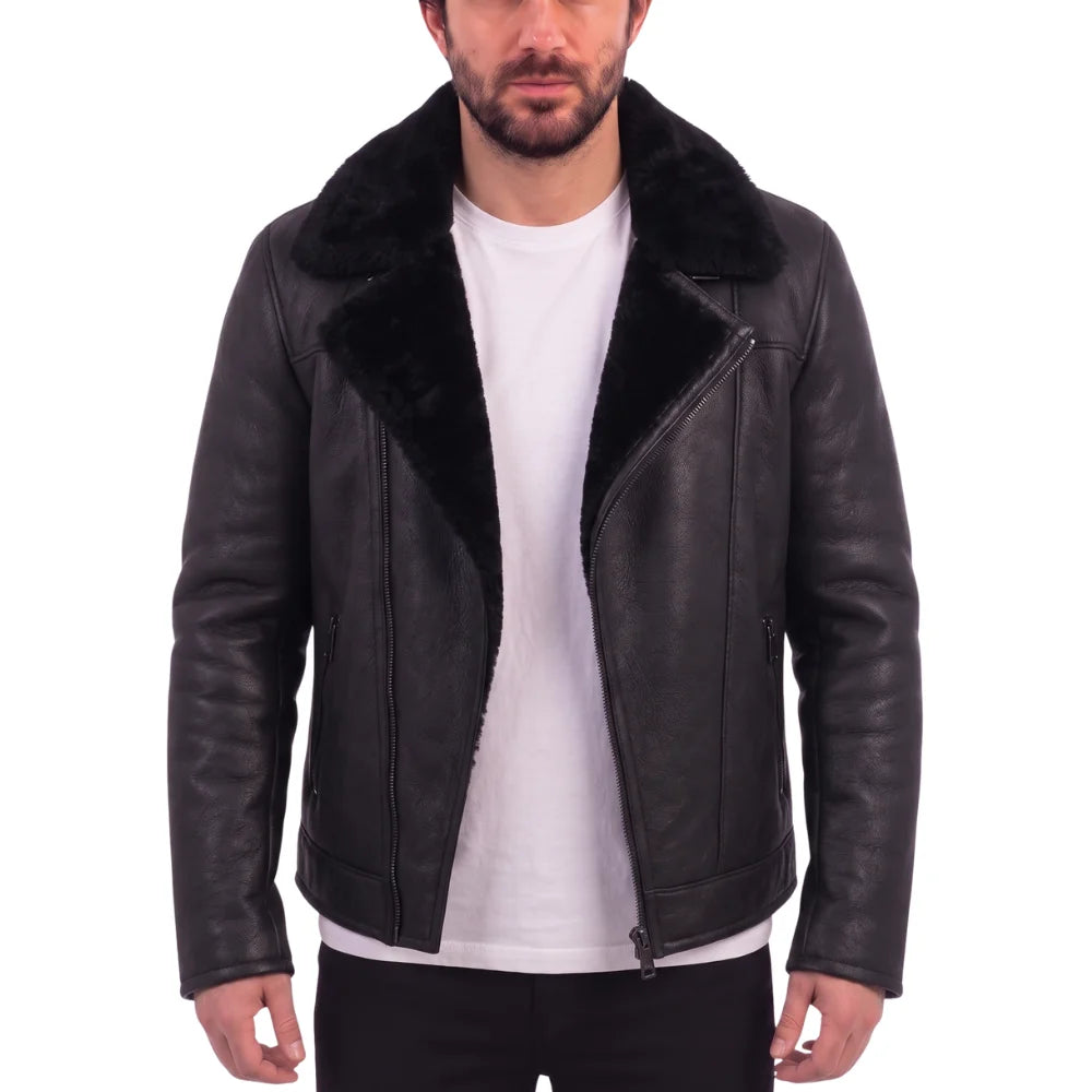 Carters Black Leather Biker Shearling Jacket