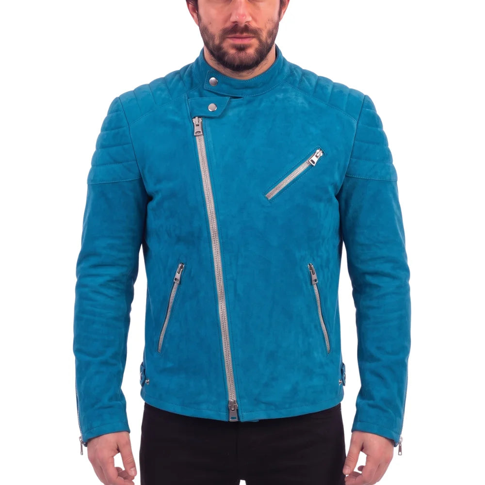 Sky Blue suede jacket with snap collar