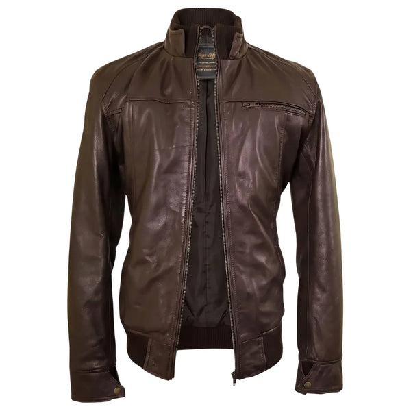 Brown leather jacket with straight ribbed collar, cuffs and hem