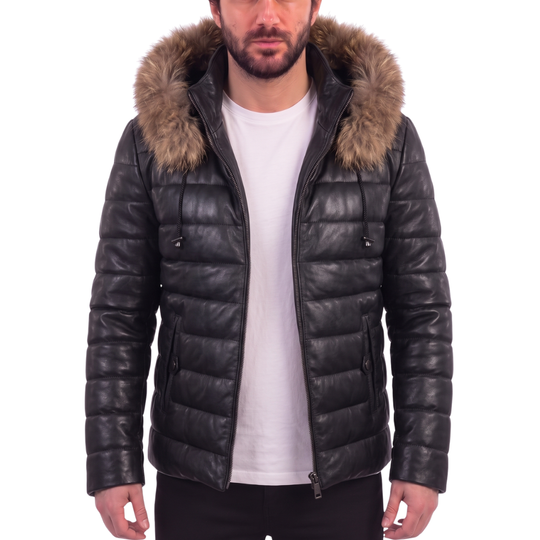 Richie Hooded Winter Leather Puffer Jacket