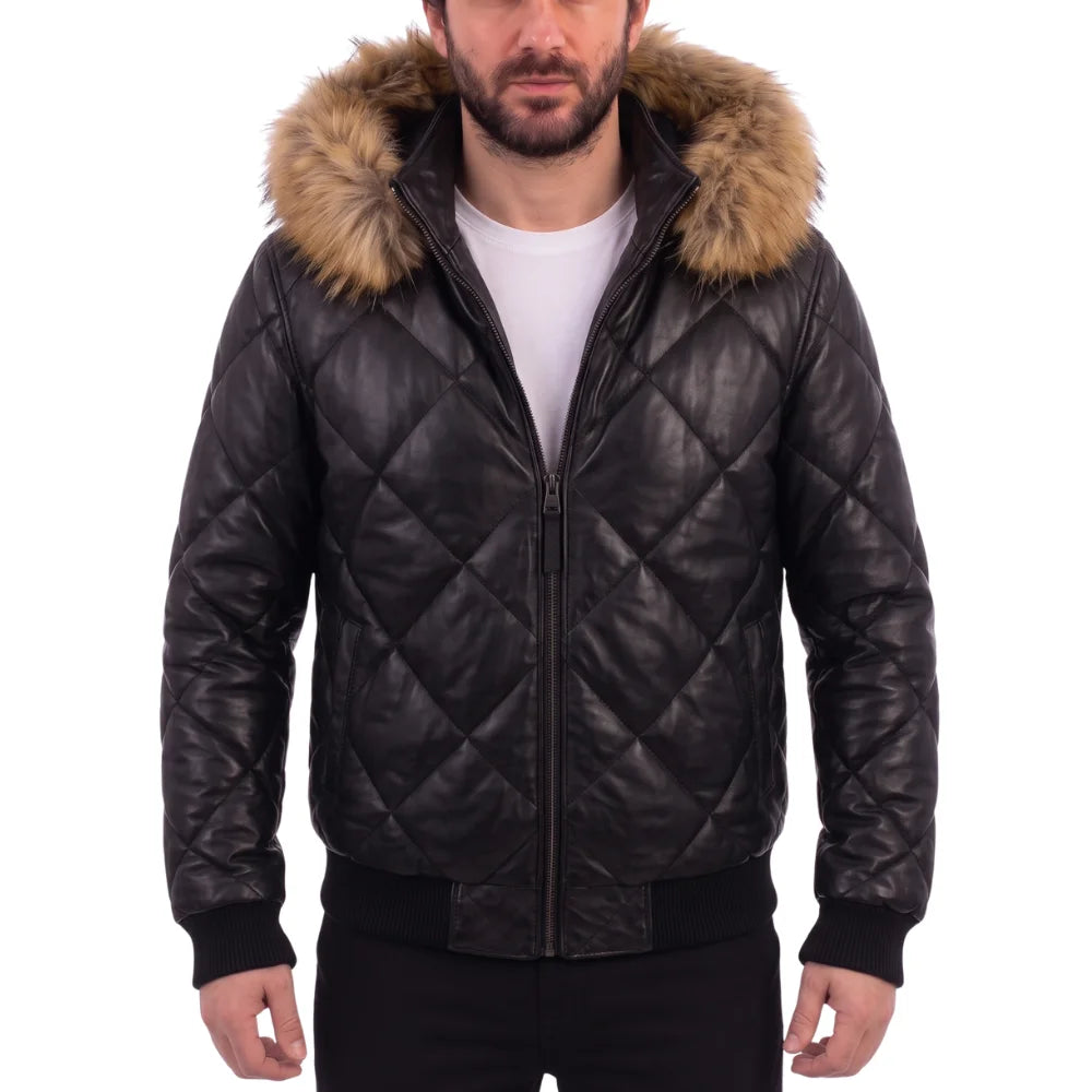 Joel Diamond Quilted & Hooded Leather Puffer Jacket