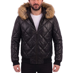 Joel Diamond Quilted & Hooded Leather Puffer Jacket
