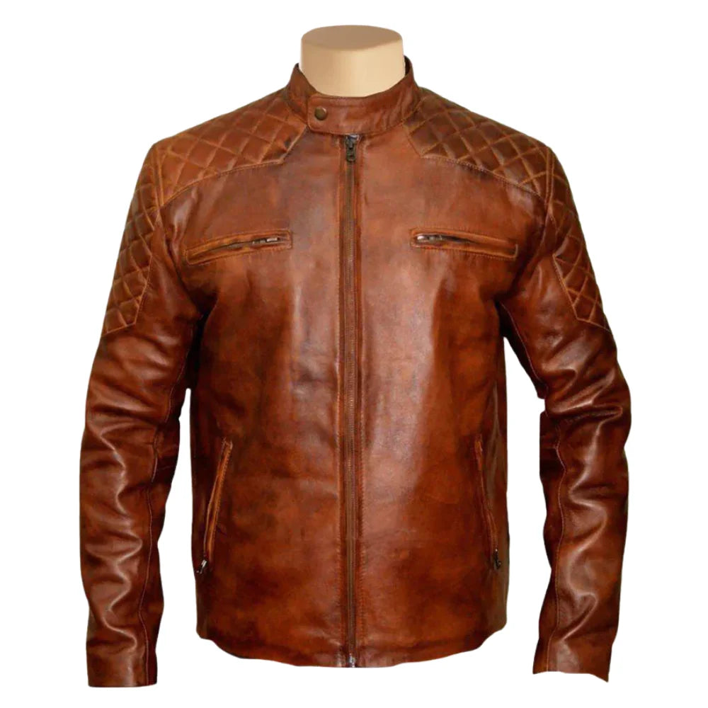 Vintage Tan cafe racer leather jacket with quilted patches