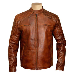 Vintage Tan cafe racer leather jacket with quilted patches