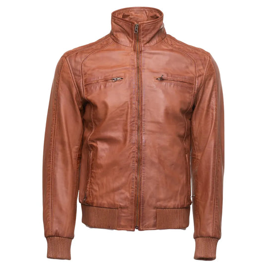 Beltrans sand washed leather jacket with stretch leather hems & cuffs