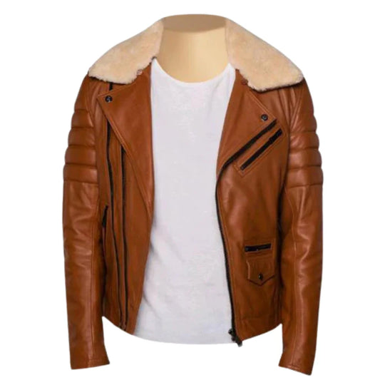 Woodwards English Tan Biker Jacket with Fur collar