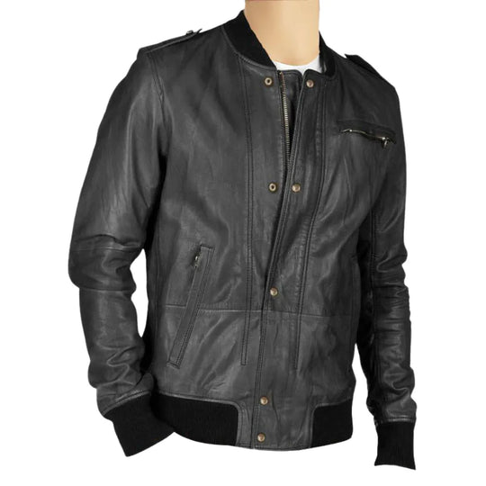 Black bomber leather jacket with button closure