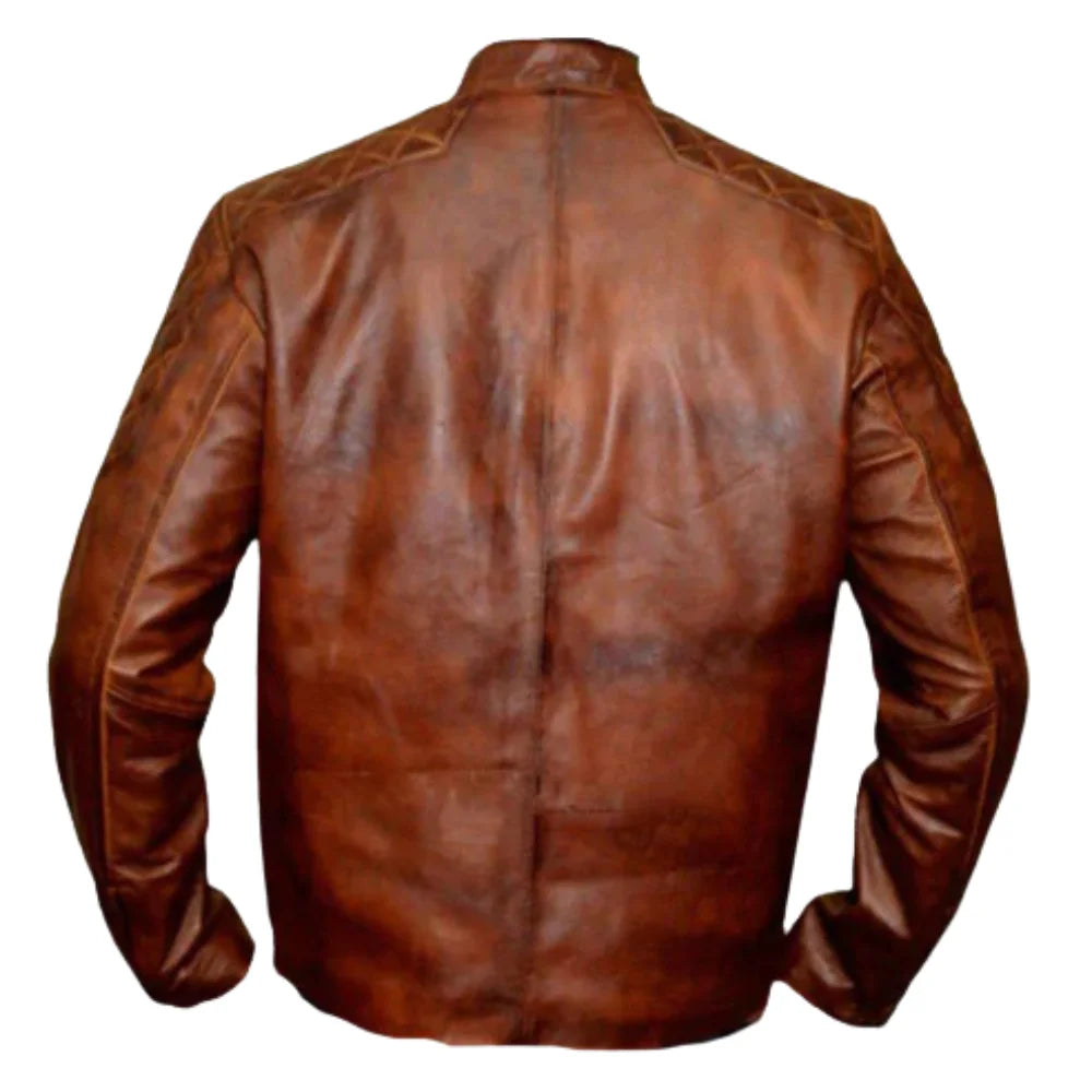 Vintage Tan cafe racer leather jacket with quilted patches