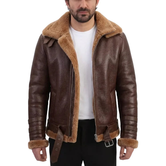 Phan's Brown Aviator bomber shearling jacket with a waist belt