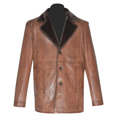 Rust leather car coat with faux fur